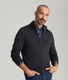 Model is wearing Alston Full-Zip sweater in Charcoal.