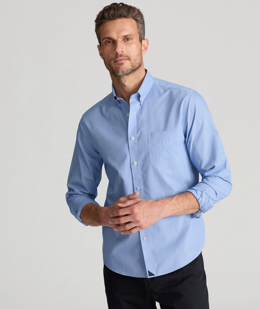 Model wearing the Cadetto Shirt in blue.