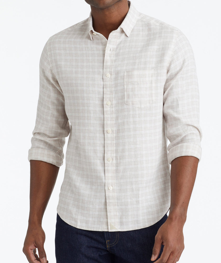 Model wearing a Tan Wrinkle-Resistant Linen Noval Shirt