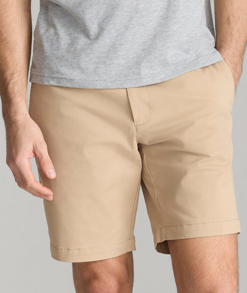 Model wearing a Tan Chino Short.