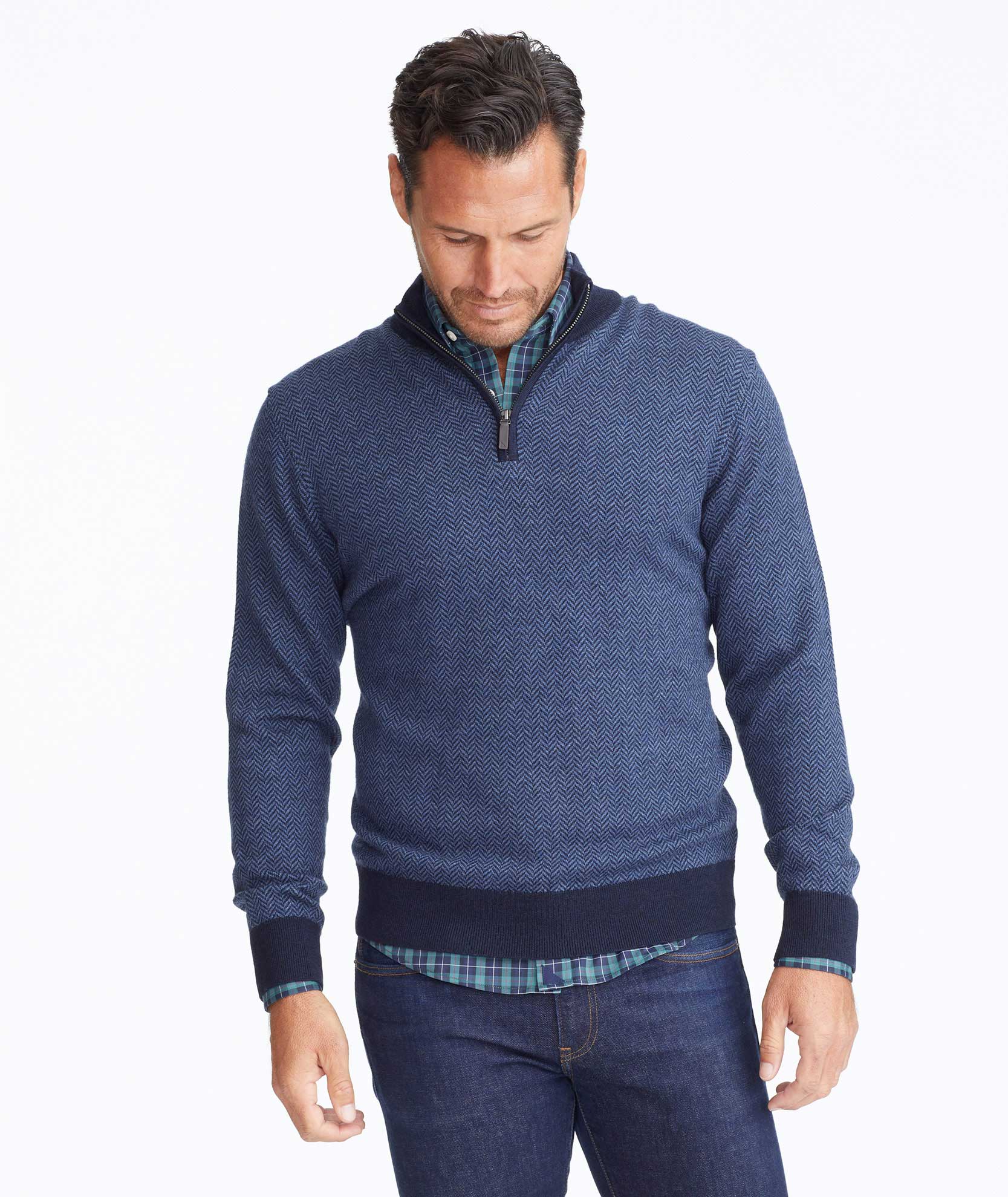 Merino Wool Herringbone Quarter Zip Sweater Blue UNTUCKit Canada