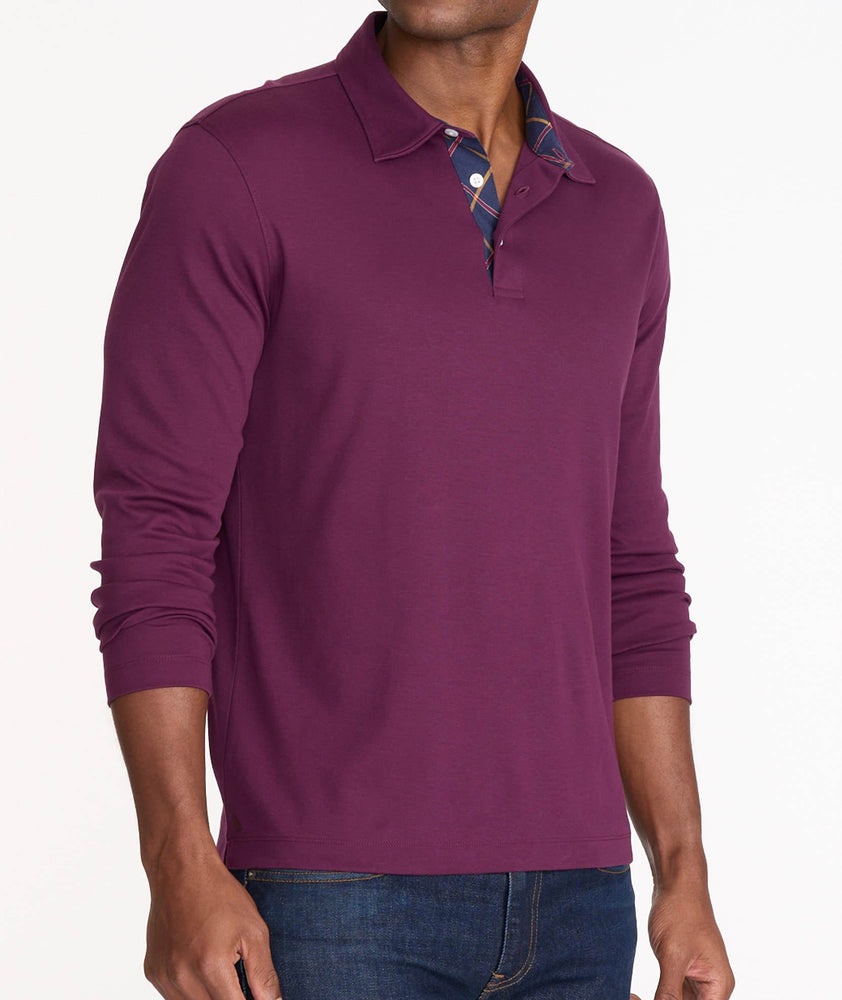 Model wearing a Purple Wrinkle-Free Damaschino Long-Sleeve Polo with Contrast Placket