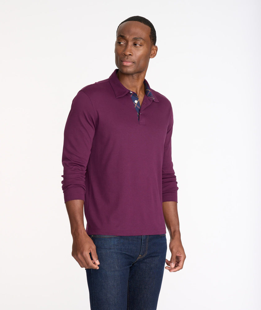 Model wearing a Purple Wrinkle-Free Damaschino Long-Sleeve Polo with Contrast Placket