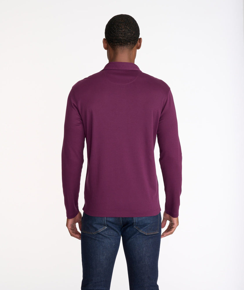 Model wearing a Purple Wrinkle-Free Damaschino Long-Sleeve Polo with Contrast Placket