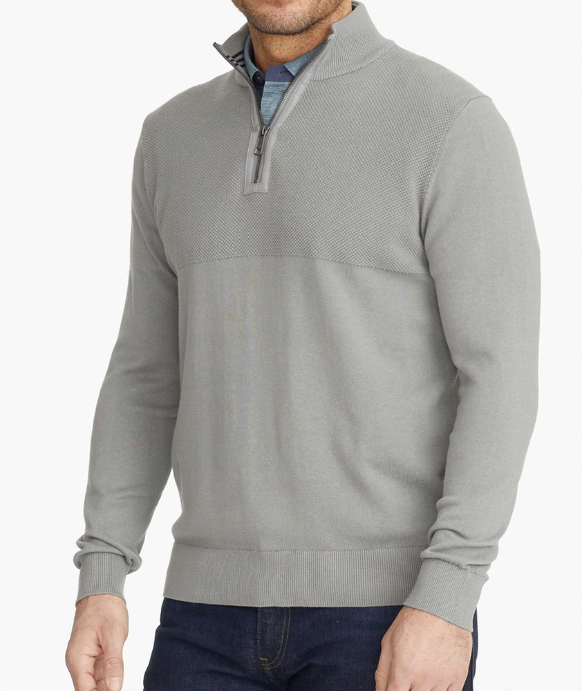 Model wearing a Grey No Sweat Quarter Zip