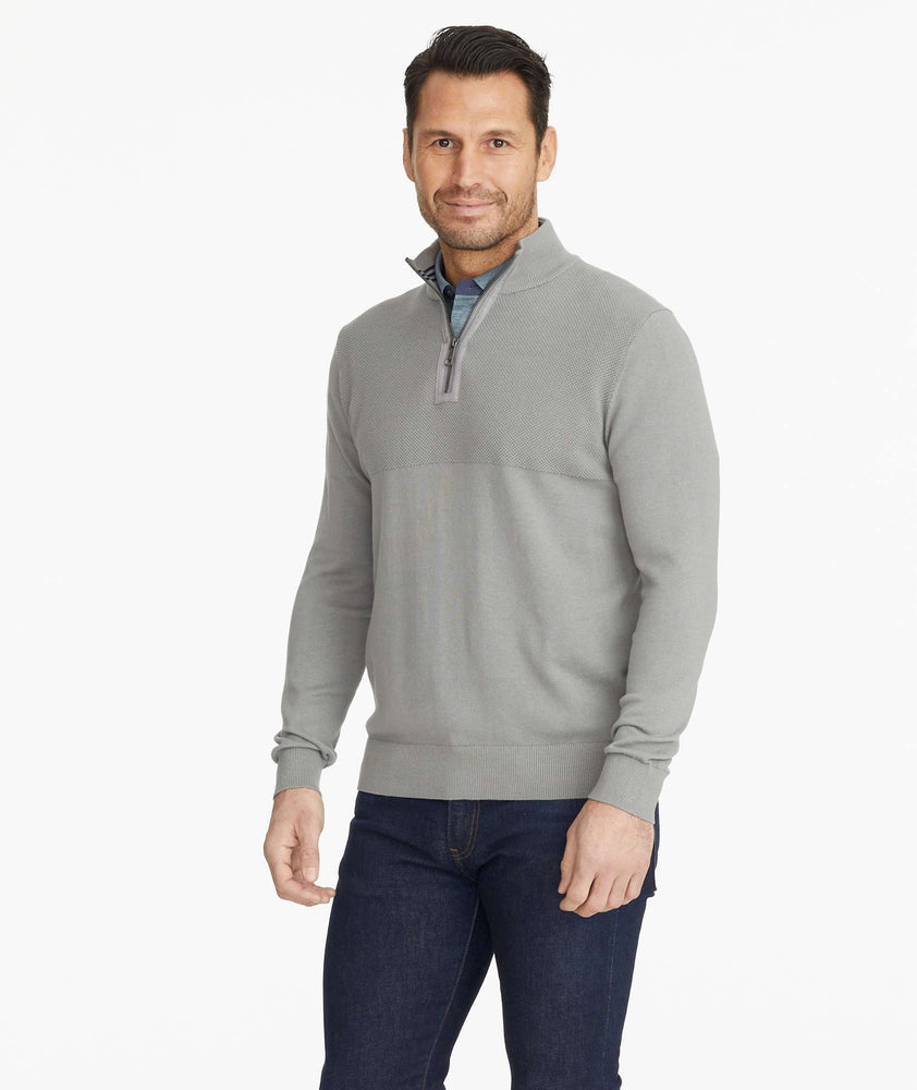 Model wearing a Grey No Sweat Quarter Zip