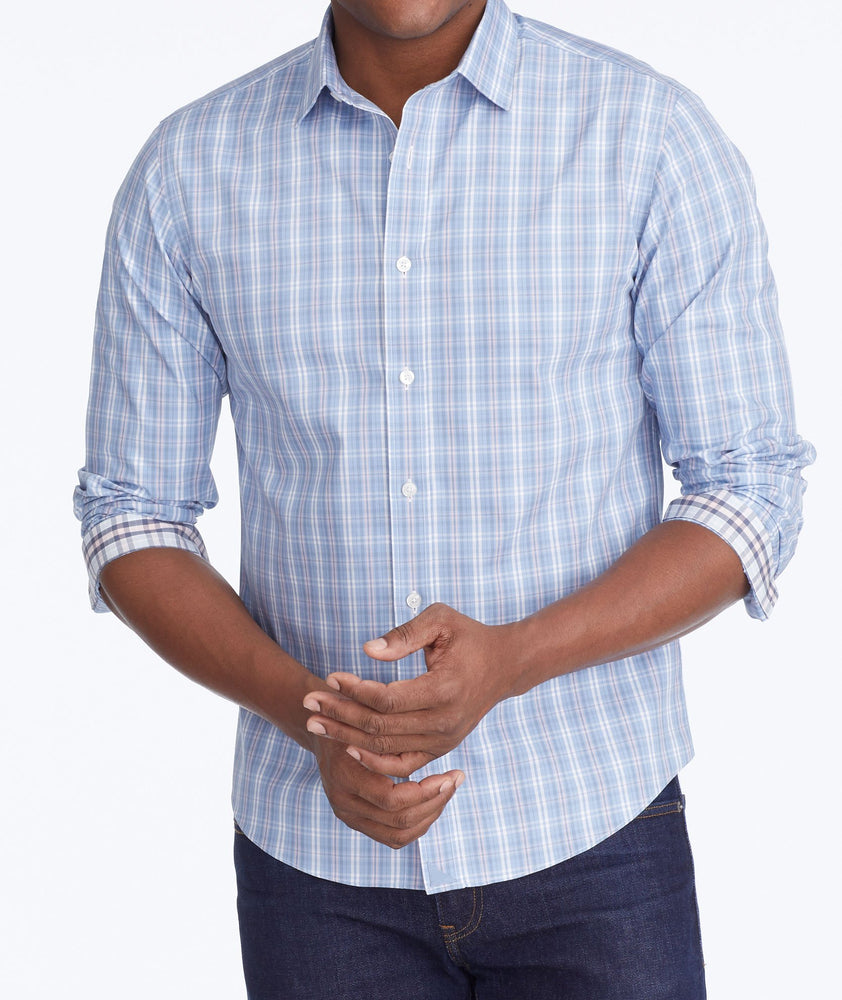 Model wearing a Blue Wrinkle-Free Felton Shirt