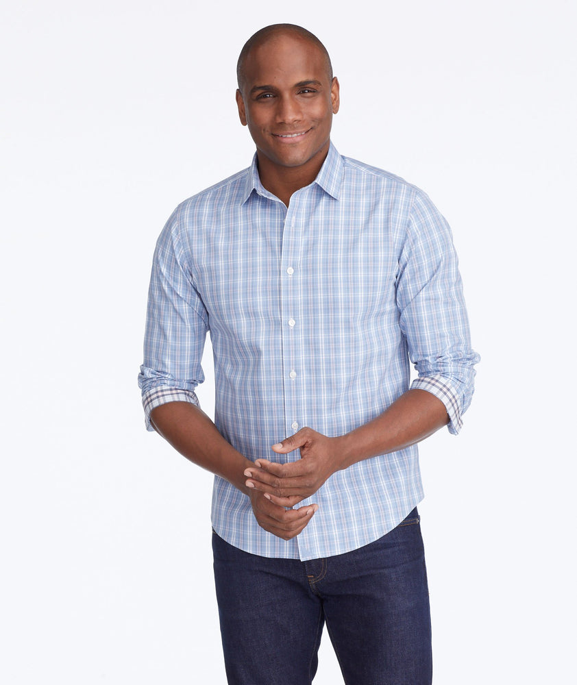 Model wearing a Blue Wrinkle-Free Felton Shirt