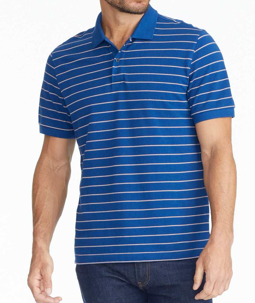 Model wearing a Navy Striped Pique Polo - FINAL SALE