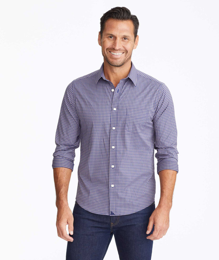 Model wearing a Navy Wrinkle-Free Performance Larkin Shirt