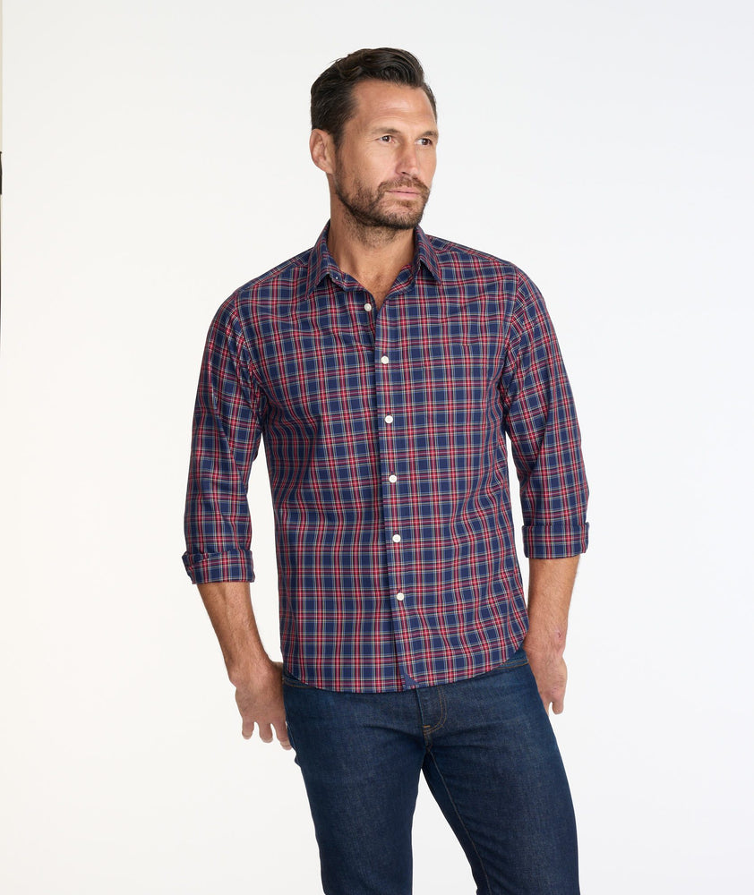 Model wearing a Navy Wrinkle-Free Morino Shirt