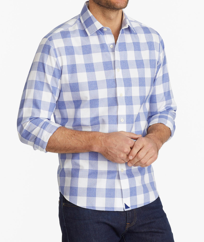 Model wearing a Blue Wrinkle-Free Rian Shirt